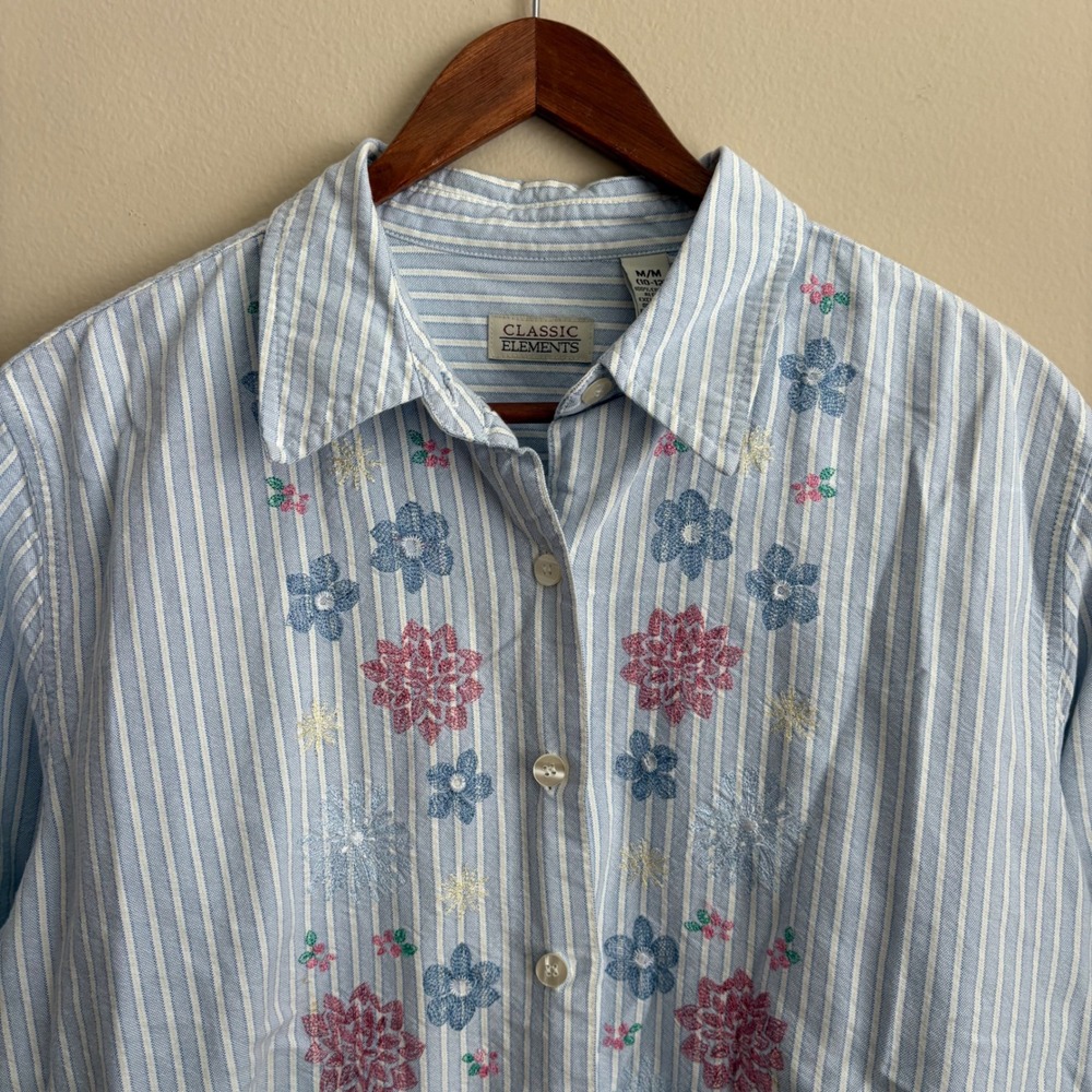 VTG 90s Womens Classic Elements Floral Embroidered Striped Oxford Button Down